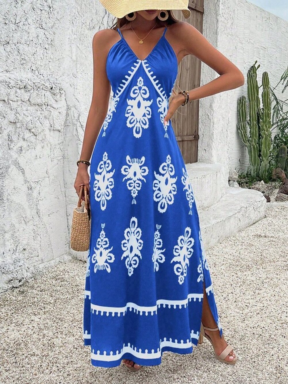 Royal Blue Boho Women's Strap Split Maxi Dress with Floral Print